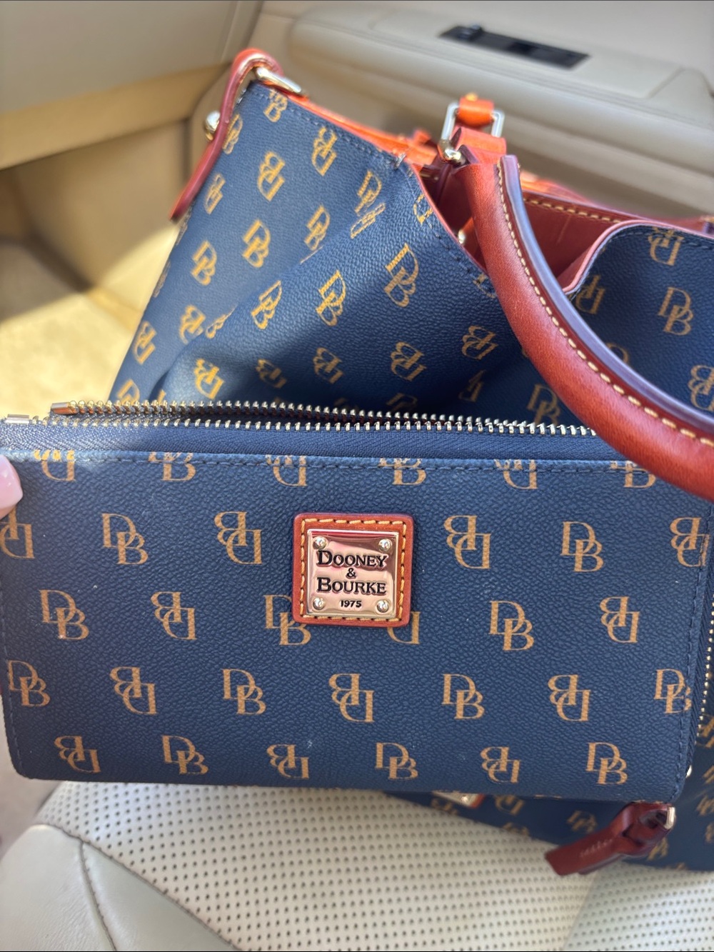 Dooney & Bourke Navy Logo Tote with Brown Trim and wallet to match - Picture 2 of 6